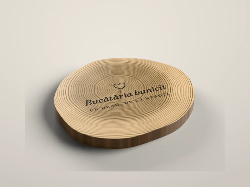 Felie de trunchi de stejar, gravată cu „Bucătăria bunicii” și o inimă