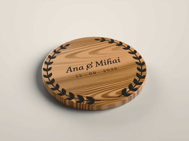 Tocător rotund din nuc, gravat cu „Ana & Mihai” și o cunună de ramuri